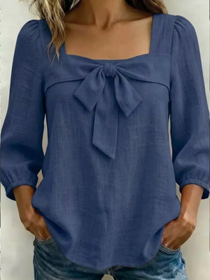 Full Size Bow Front Square Neck Blouse Plus Size, editorial view