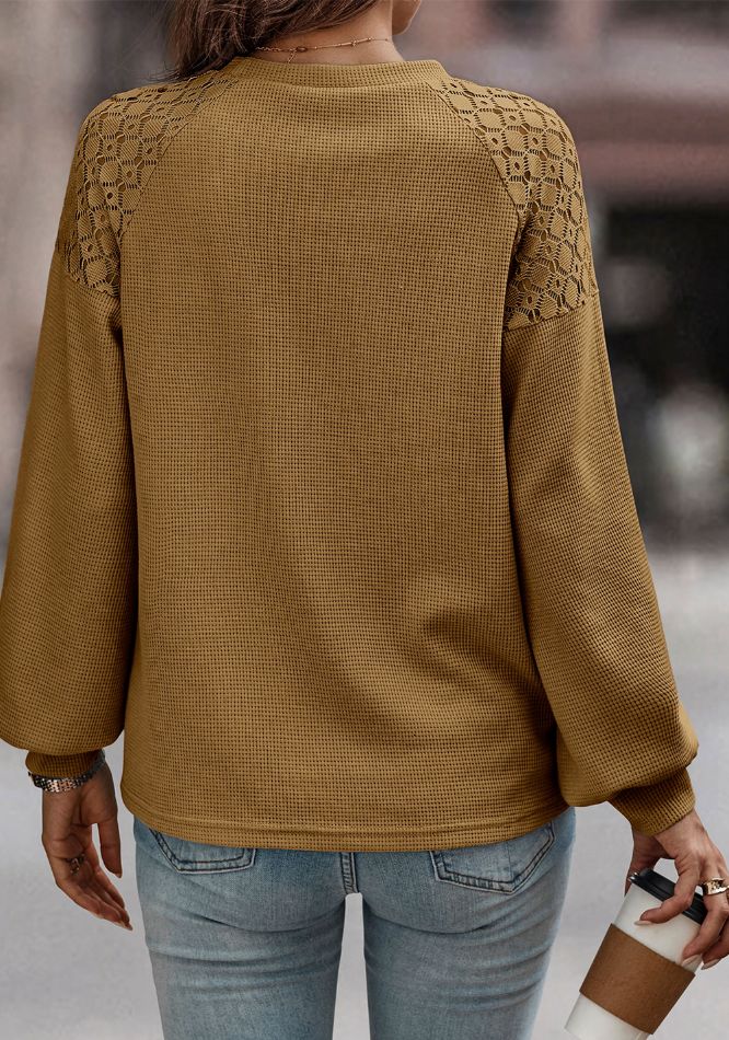 Camel waffle knit raglan top with lace yoke detail and balloon sleeves.