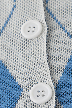 Argyle knit cropped cardigan with white buttons and blue accents