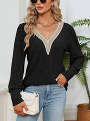 Black ribbed knit sweater with lace trim V-neck and long sleeves