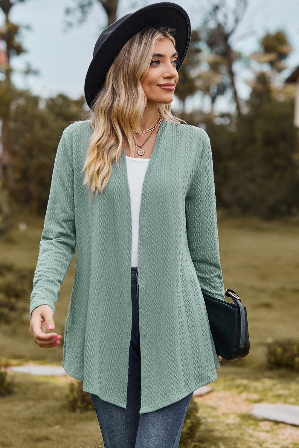 Light green textured open-front drape cardigan with long sleeves and a relaxed fit.