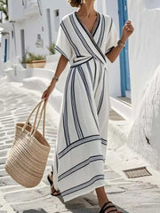 Striped Short Sleeve Wrap Maxi Dress Plus Size in White, front view