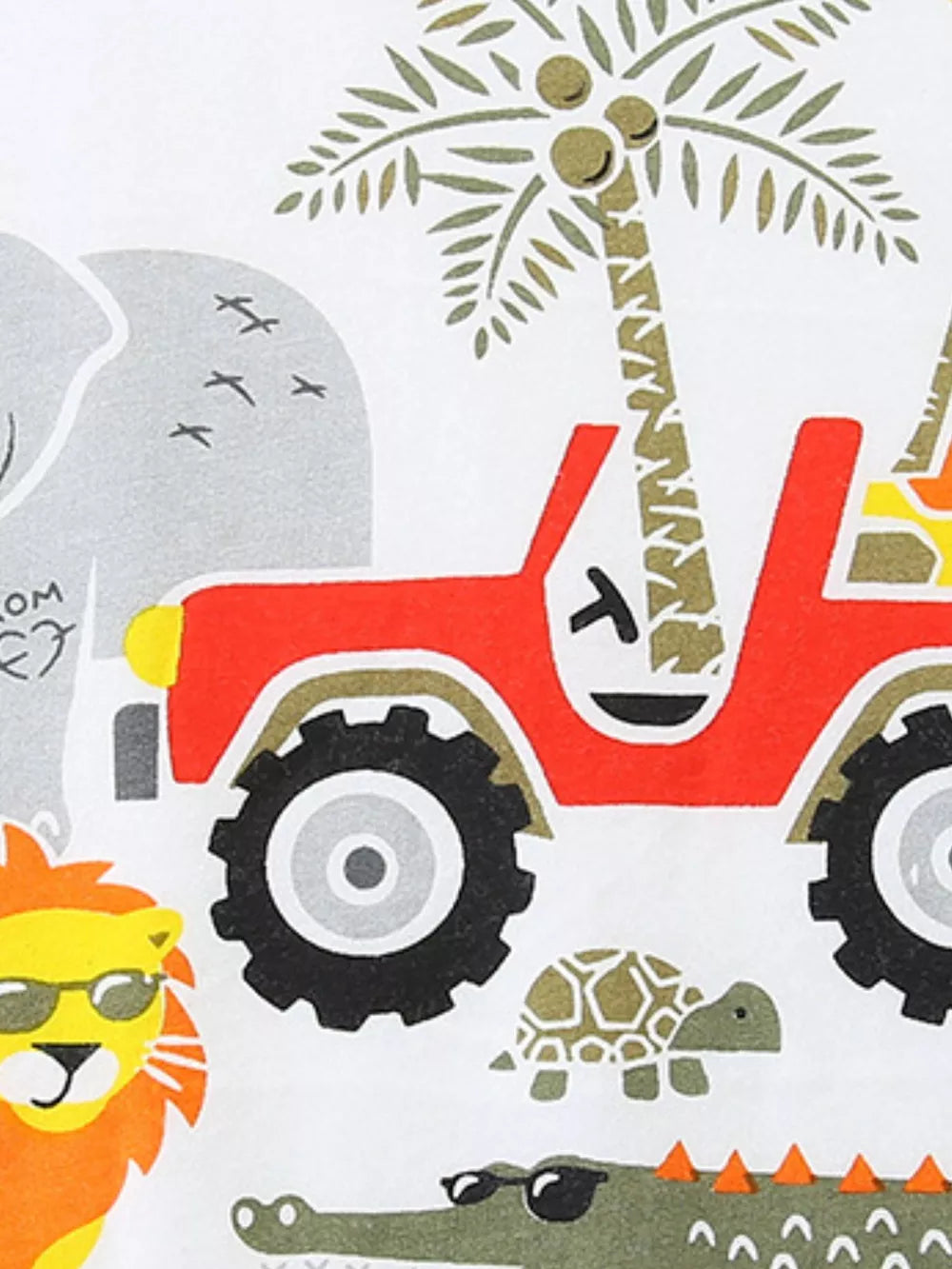 Baby cotton sleepwear set with safari animals, jeep, and palm trees graphic print.