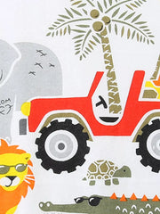 Baby cotton sleepwear set with safari animals, jeep, and palm trees graphic print.