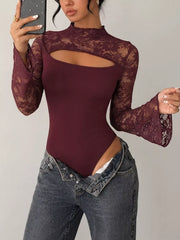 Intricate Lace Cut-out Bodysuit With Flare Sleeves