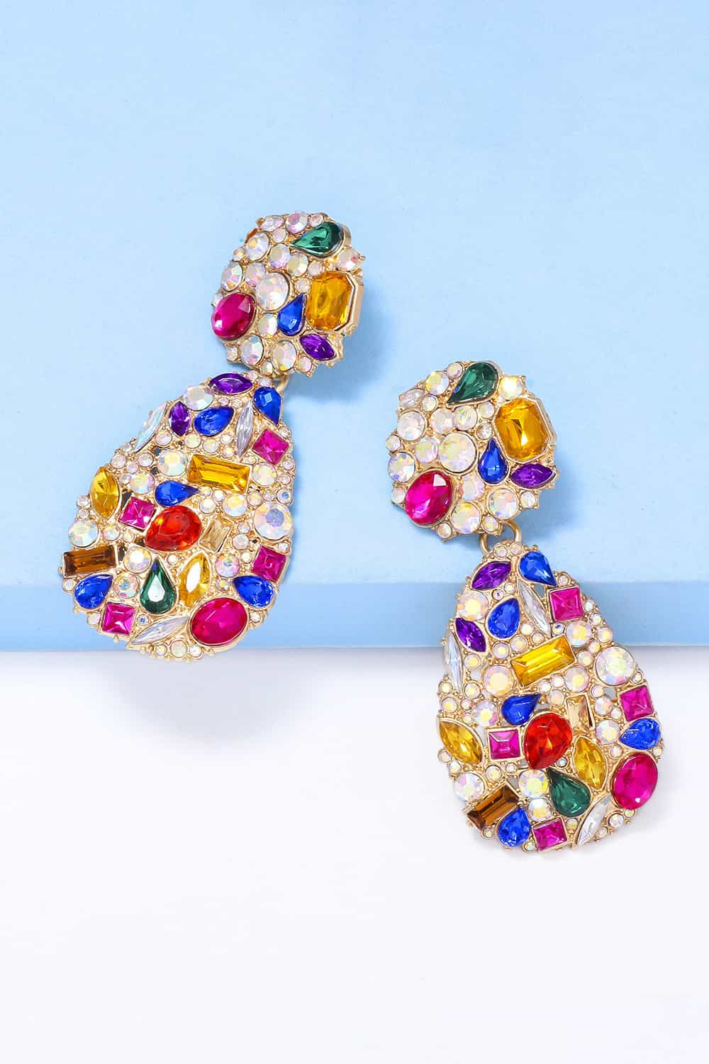 Gemstone cluster drop earrings in multicolor acrylic and alloy with bold, casual style.