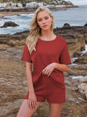 Scarlet textured knit co-ord set with relaxed fit t-shirt and shorts.