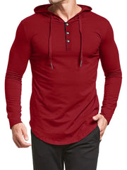 Deep Red long sleeve Henley hooded tee with button placket and curved hem