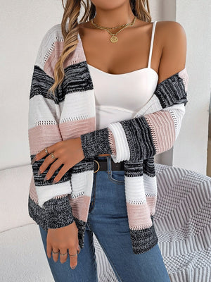 Open-front knit cardigan with horizontal stripes in blush pink, white, charcoal, and black acrylic.