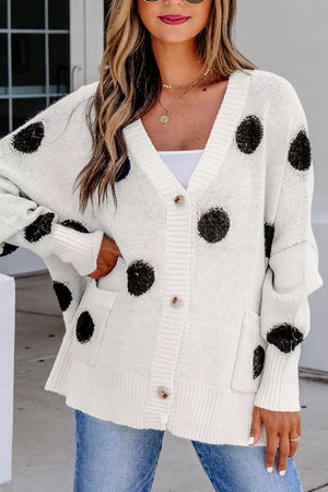Polka Dot Button Up Cardigan in White, close-up detail