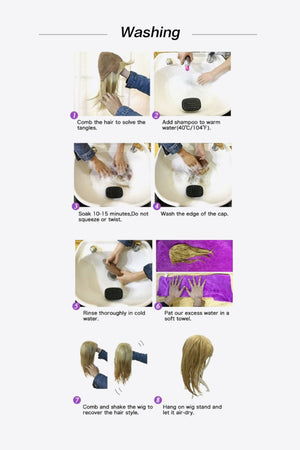 Wig washing instructions: comb, shampoo, soak, rinse, towel dry, and air dry.