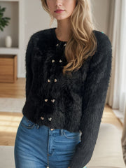 Black fluffy double-breasted knit cardigan with heart-shaped buttons