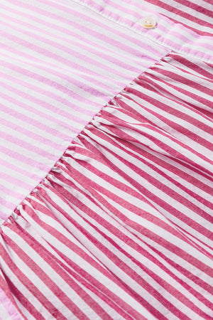 Pink striped tiered blouse with ruffle detail and button closure
