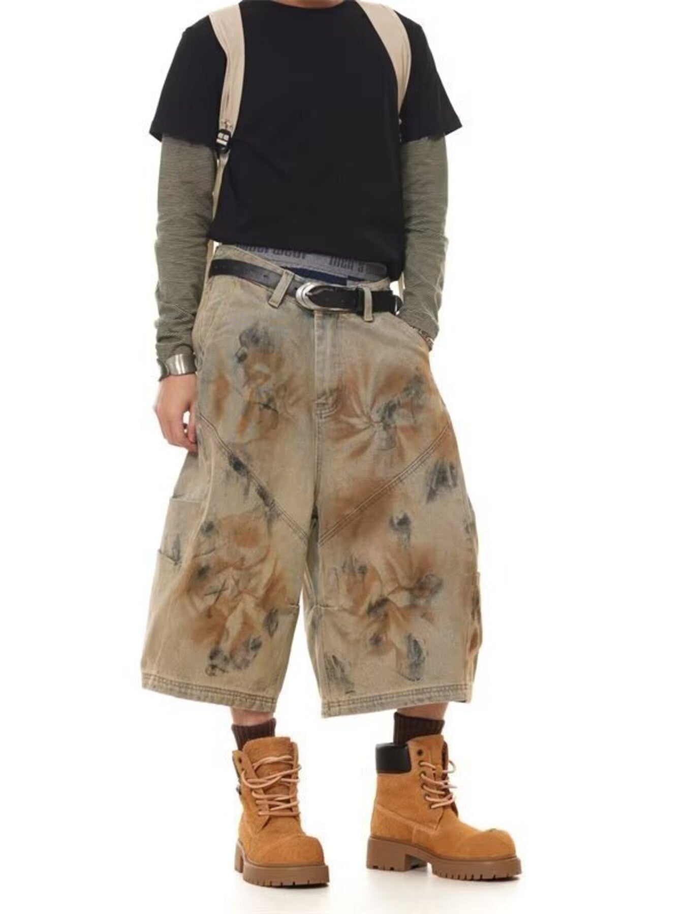 Men's vintage wash wide-leg denim shorts in beige with abstract pattern, cotton.
