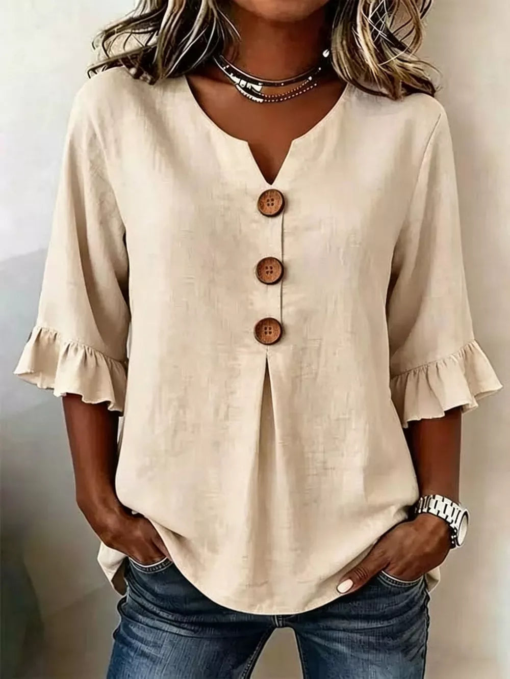 Casual Ruffle-sleeve Decor-button Top Plus Size in Burgundy, product detail