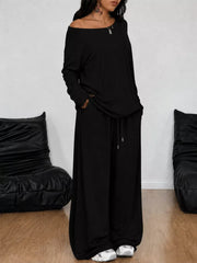 Loose Fit One-shoulder T-shirt And Pants Set Plus Size in Black, view 13