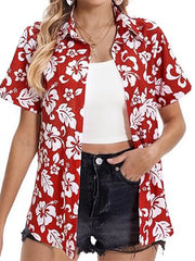 Red tropical hibiscus print button-up shirt with short sleeves and a collared neckline.