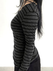 Striped grey long sleeve t-shirt with boat neck and stretchy fit