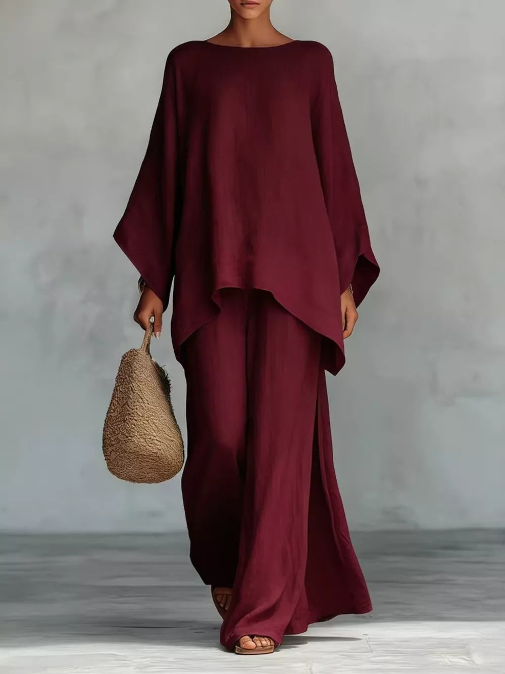 Full Size Round Neck Top And Wide Leg Pants Set in Black, product detail