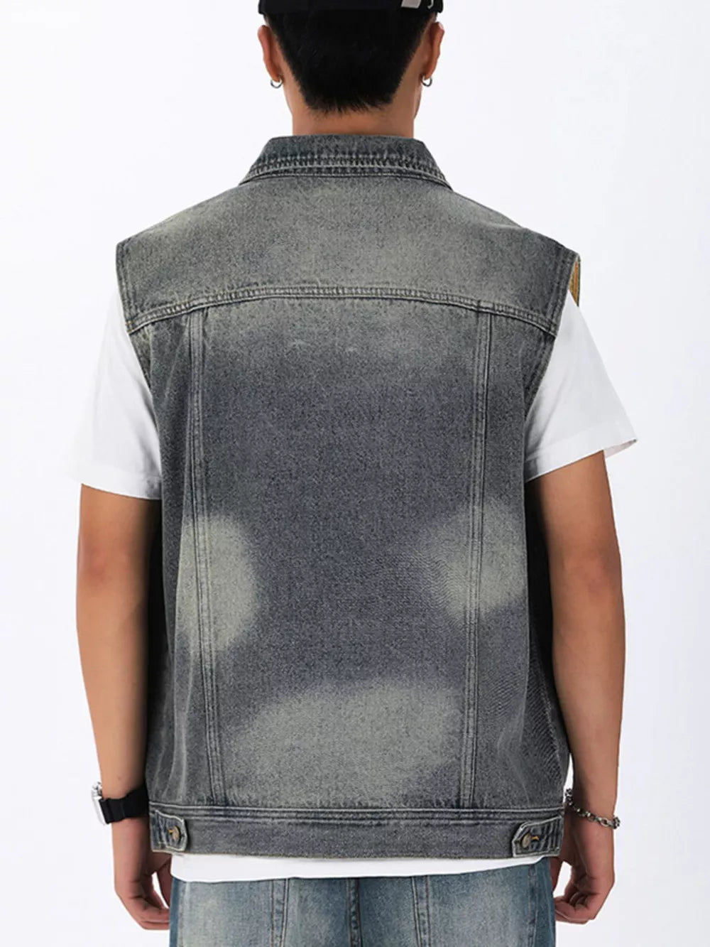 Men's gray washed denim vest, sleeveless, collared, basic style
