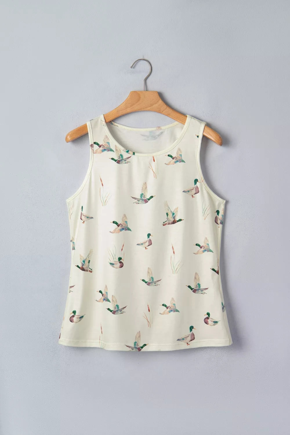 Cream mallard print tank top with cattail accents, round neckline, sleeveless.