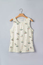 Cream mallard print tank top with cattail accents, round neckline, sleeveless.
