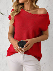 Off-the-shoulder knit tee in deep red with short sleeves and a relaxed fit.