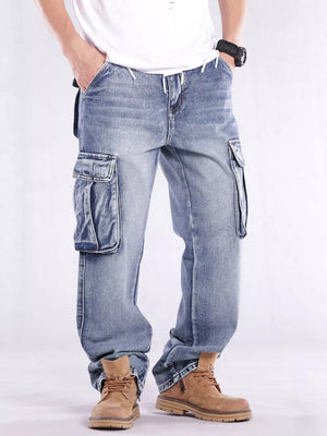 Relaxed fit light wash denim cargo jeans with flap pockets and contrast stitching.