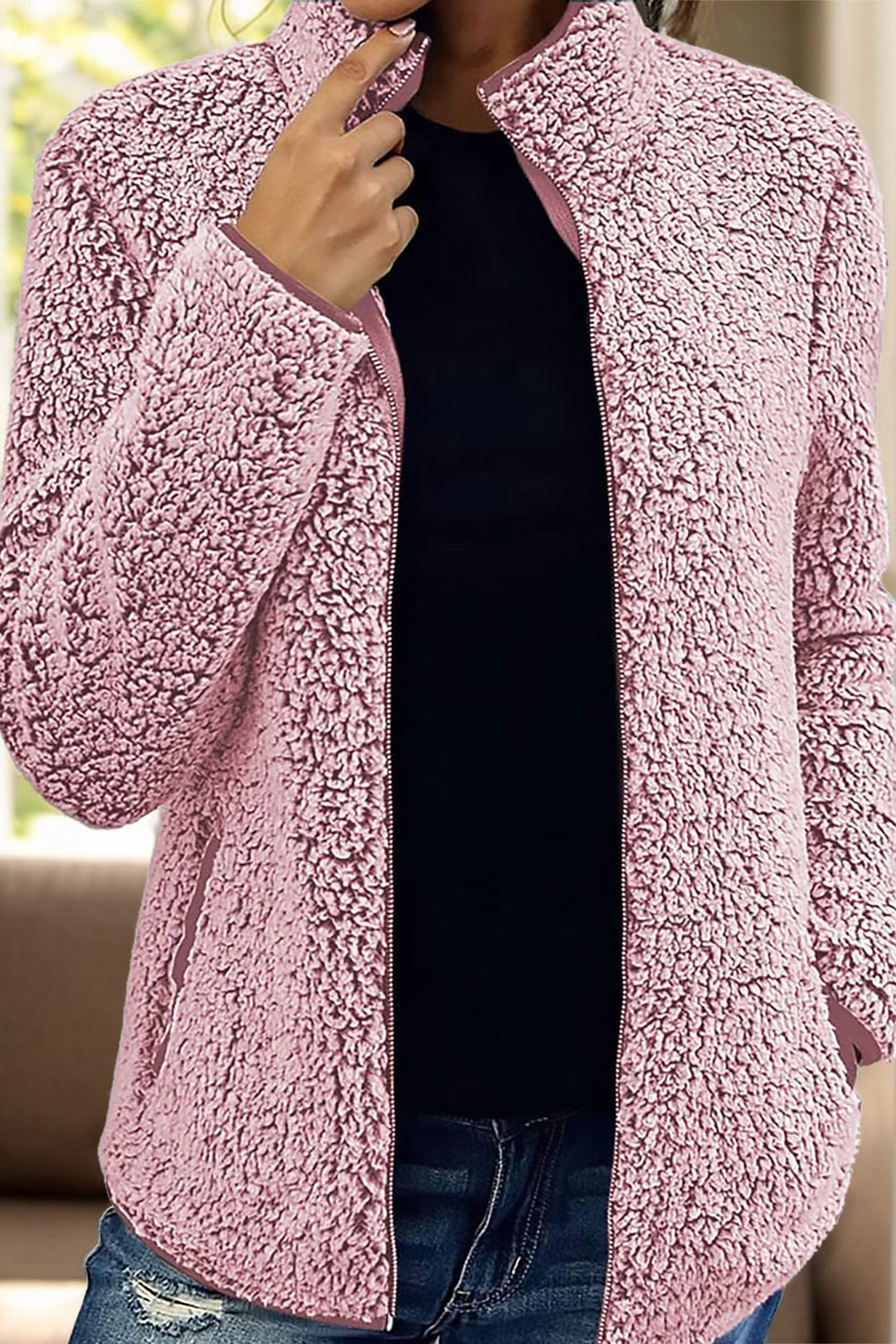 Dusty Pink teddy fleece zip-up jacket with stand collar and pockets.