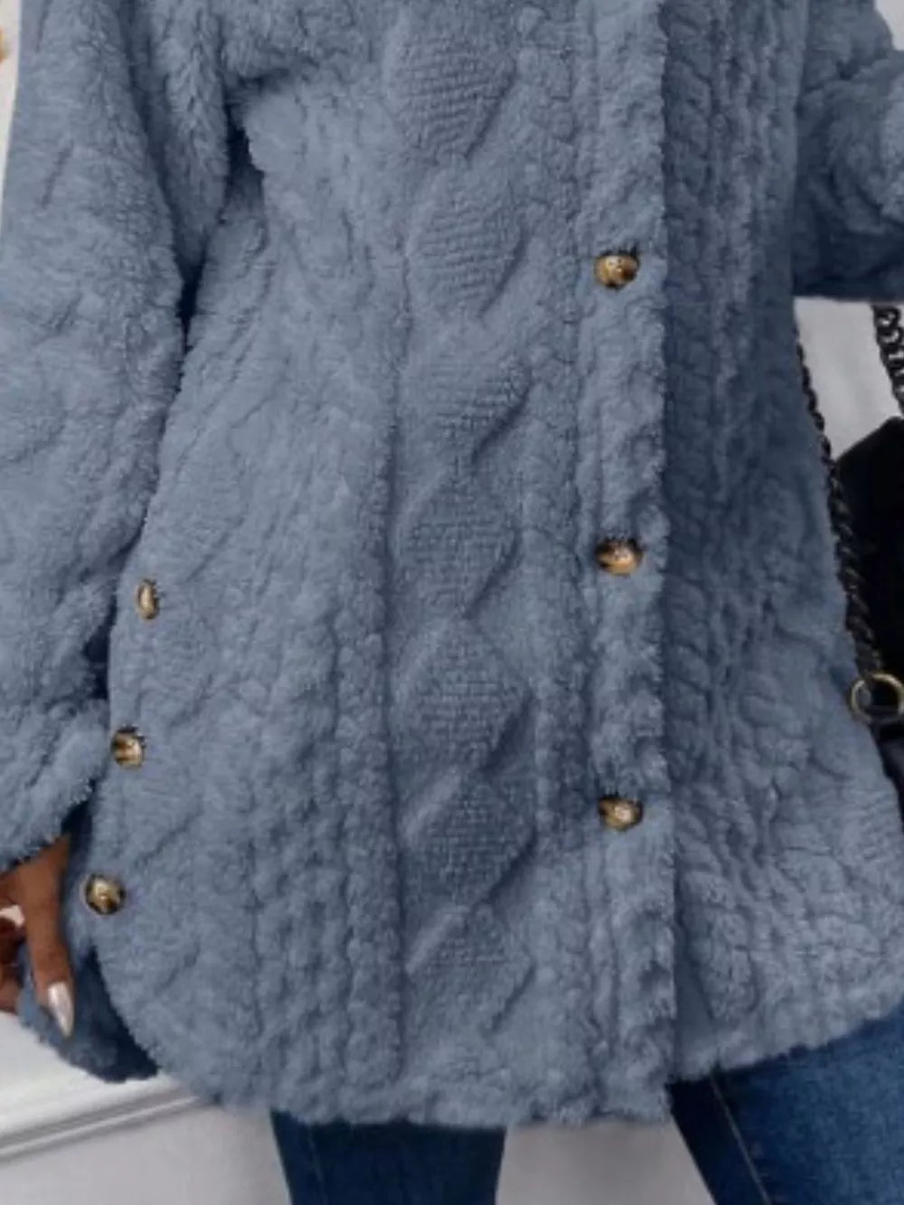 Blue textured button-down coat with cable knit pattern and button detail