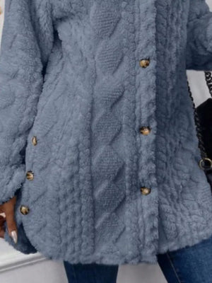 Blue textured button-down coat with cable knit pattern and button detail