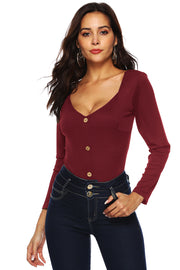 Ribbed brick red bodysuit with button front and sweetheart neckline