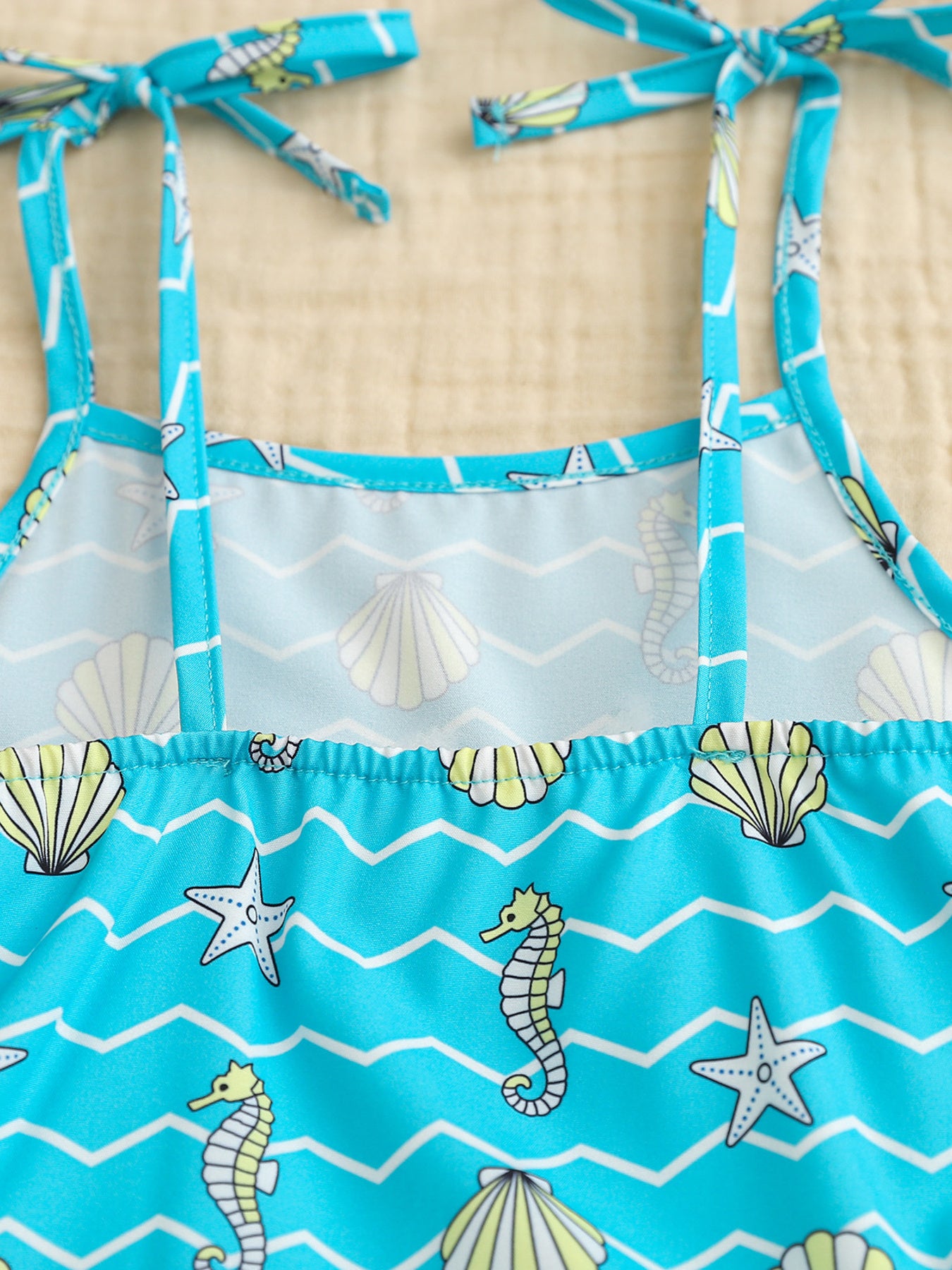 Toddler cami set with blue seahorse and seashell print, tie straps, cotton blend