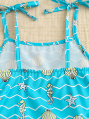 Toddler cami set with blue seahorse and seashell print, tie straps, cotton blend