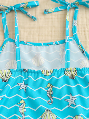 Toddler cami set with blue seahorse and seashell print, tie straps, cotton blend