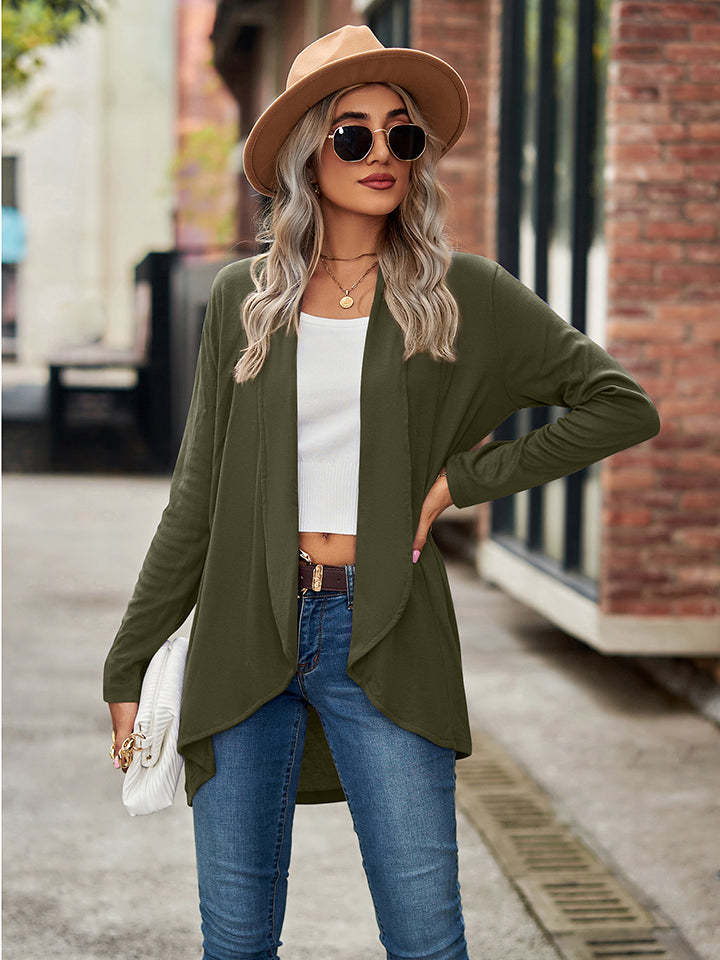 Moss green draped cascade cardigan with open front and long sleeves.