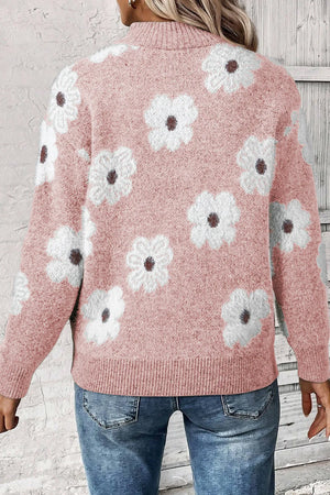 Blush pink floral intarsia mock neck sweater with ribbed cuffs and hem.