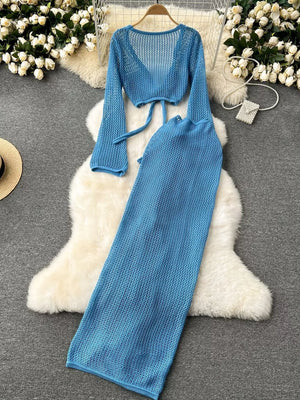 Blue knit tied crop top and high slit maxi skirt set