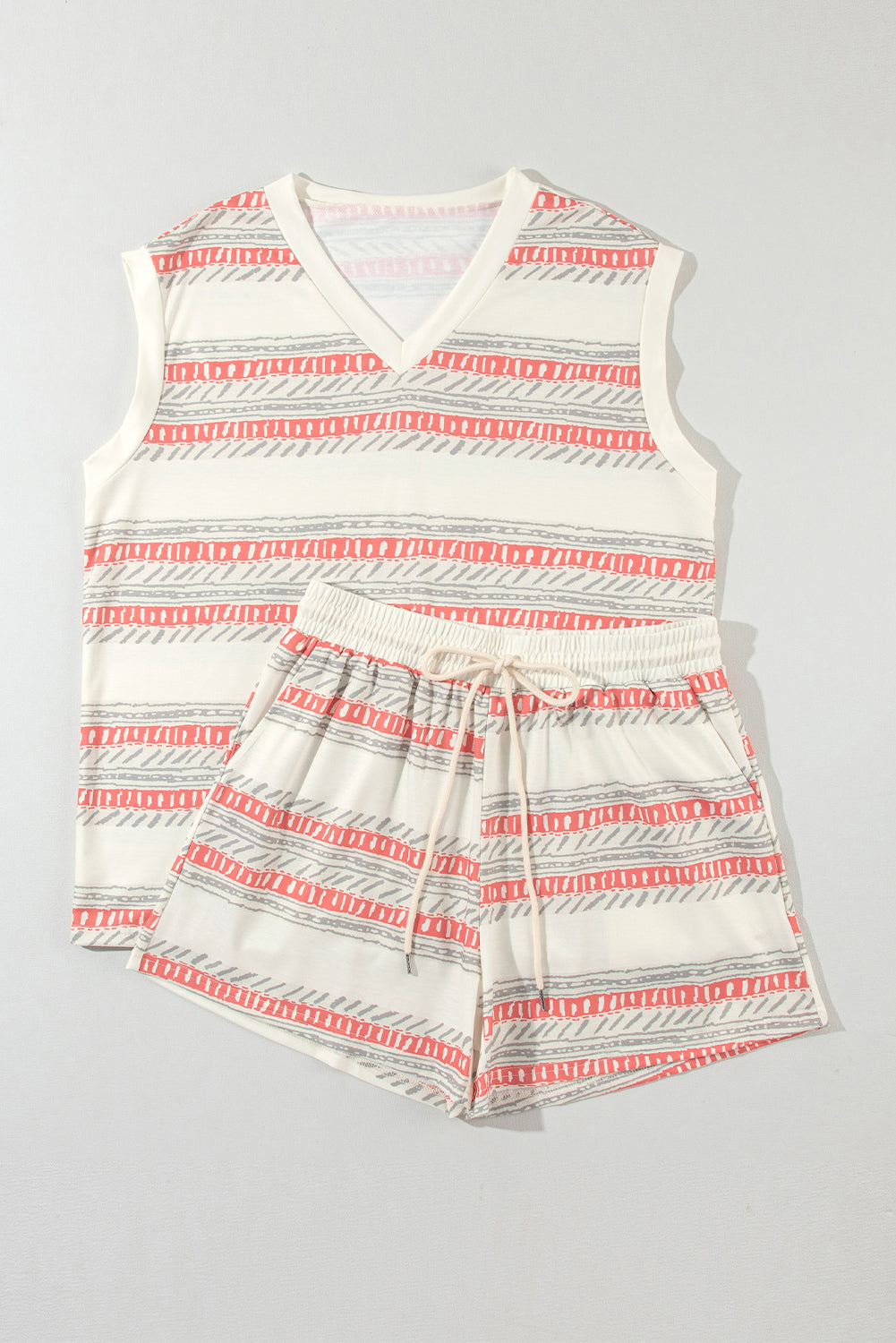 Ivory knit tank top and drawstring shorts set with coral and gray stripe pattern.