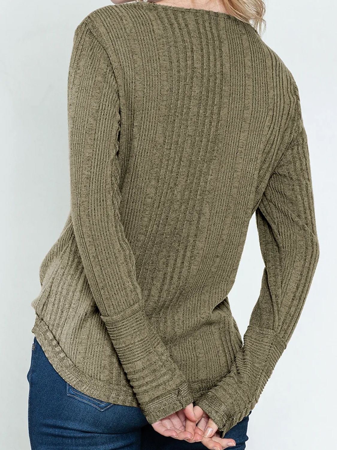 Textured matcha green henley shirt with ribbed cuff detailing.
