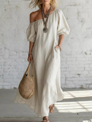 One-shoulder Puff Sleeve Maxi Dress in Sky Blue, back view