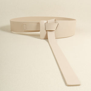Ivory leather belt with a knotted, elongated tail and a square buckle detail.