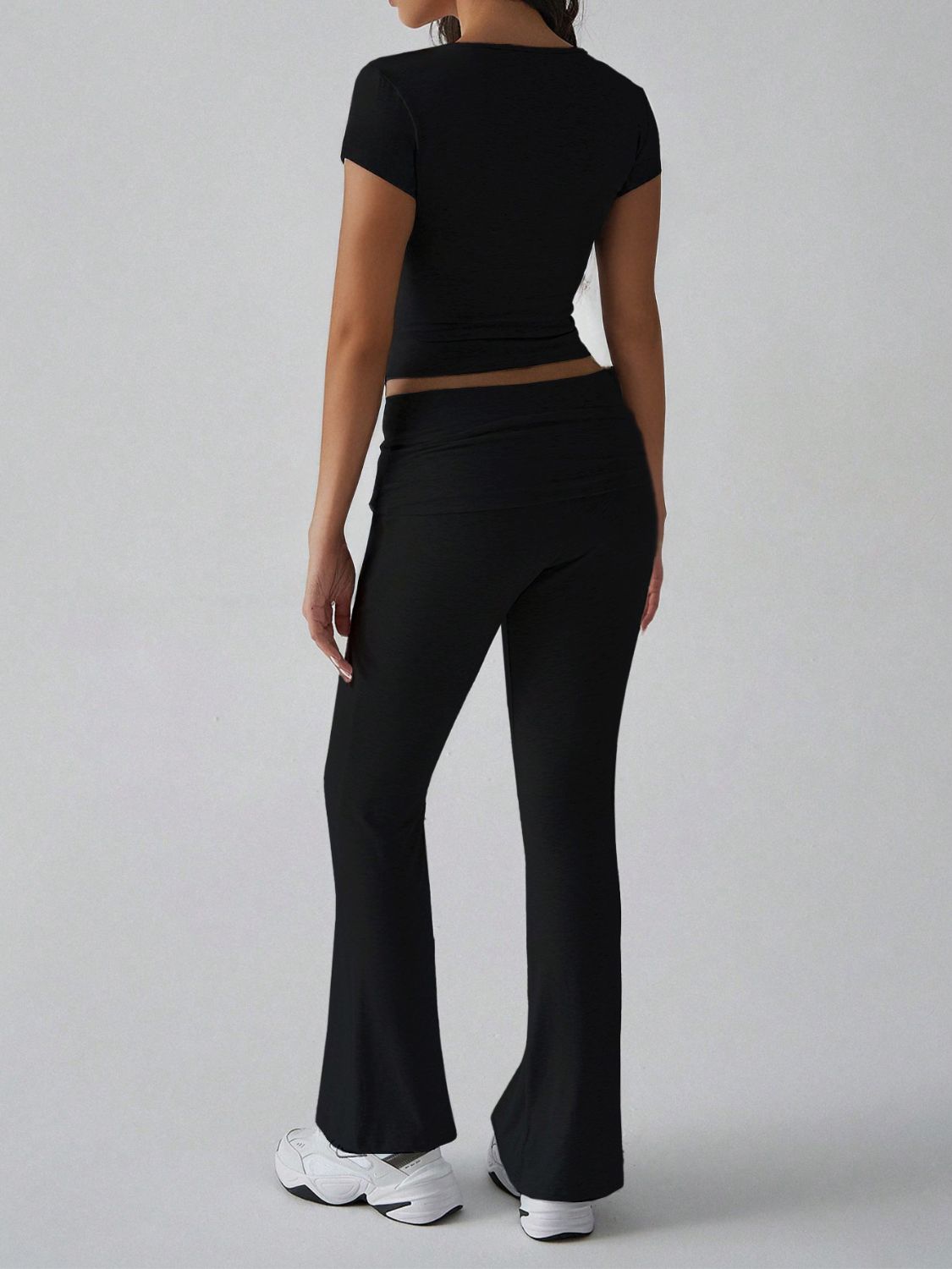 Black ribbed flare leg lounge pants with a high waist