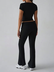 Black ribbed flare leg lounge pants with a high waist