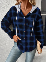 Navy plaid shirt jacket with contrast hood and white drawstrings.