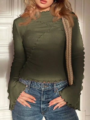 Army green lettuce edge flare sleeve t-shirt with mock neck and lettuce edge details.