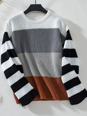 Colorblock stripe ribbed knit sweater with crew neck and long sleeves.