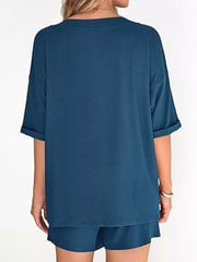 Solid Color V-neck And Shorts Set in Army Green, model styling view