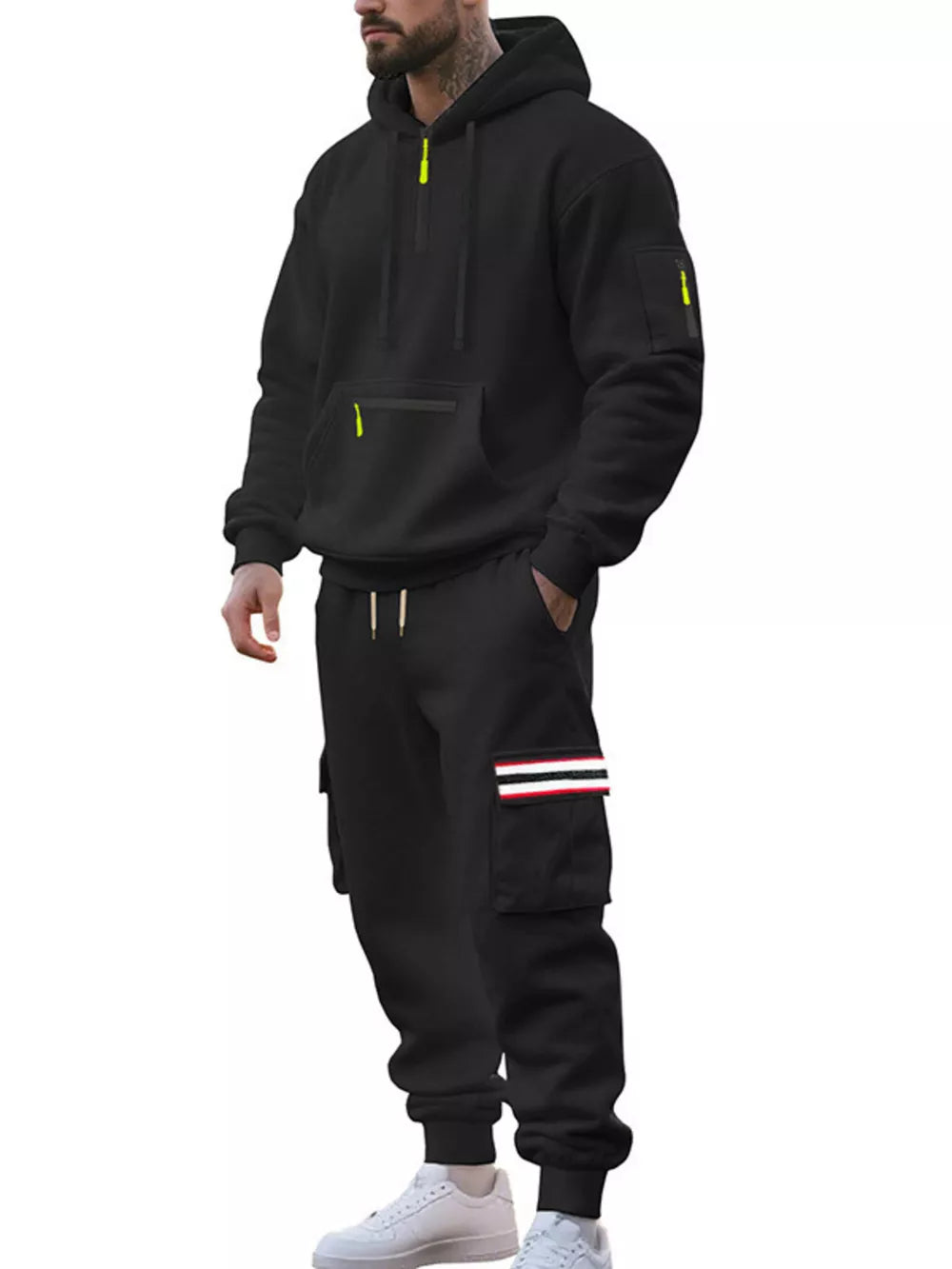 Men's Casual Half-zip Hoodie And Cargo Pants Set in Navy Blue, editorial view