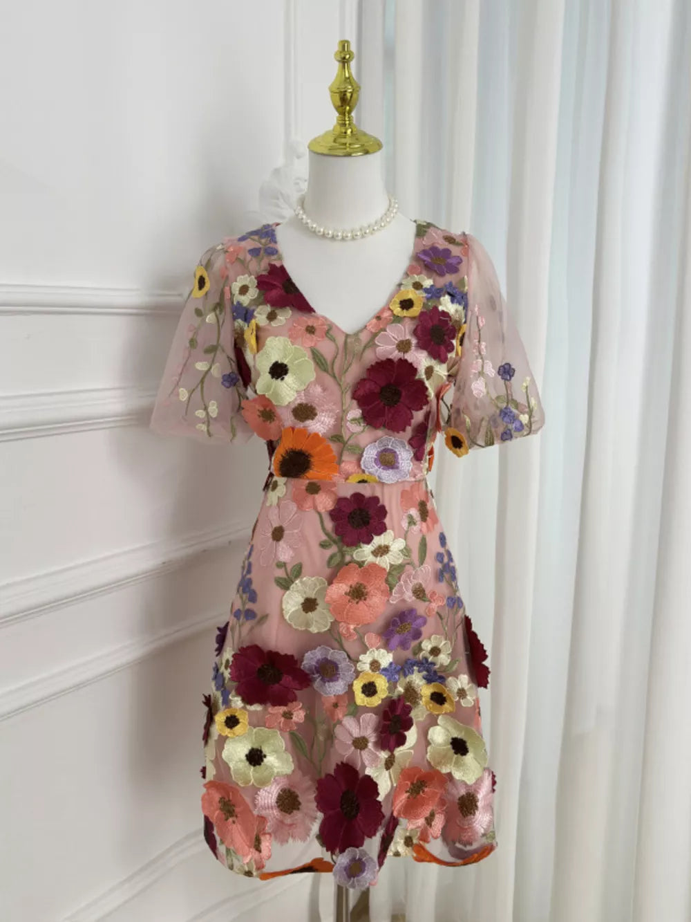 Floral Embroidery V-neck Mini Dress